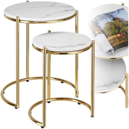 TecTake® Mesa Auxiliar Redonda, Mesita Centro Ovalada, Tapa de Mármol, Estructura Acero, Mesas Redondas Pequeñas, Mesita Auxiliar Comedor, Mesas Bajas, Decoración Mesa Salón - Set de 2 Blanco/Dorado