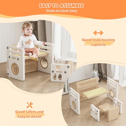 HedoAjim Kids Table and Chairs Set Toddler Activity for 1-3 Children Baby Drawing Craft Art Paly Montessori Table Desk for Mealtime Study for Playroom Nursery Preschool (Khaki White) - Image 5