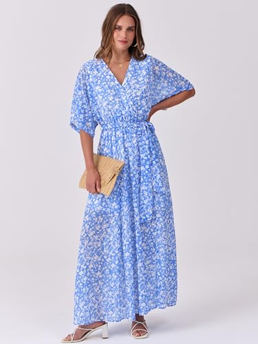 Image of ANRABESS Womens Boho Floral Wedding Guest Maxi Dress | Flowy A-Line Chiffon with Slit, Elegant V Neck Wrap Elastic Waist, Casual 1 /2 Sleeve Spring Summer Outfits, Tea Party
