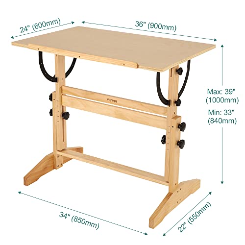 Viswin 33"-39" H Wooden Drafting Table, Adjustable Height & Angle, Solid Pine Wood Artist Table For Drawing, Tilts Flat, Studio Art Craft Desk For Painting, Drafting, Writing, Reading #TOP2