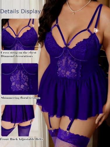 Image of Alrovetoney Plus Size Lingerie For Curvy Women Ruffle Lingerie Set Sexy Lace Lingerie Set Garter Belt With Stockings