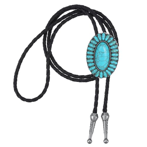 Image of AZORA Western Cowboy Bolo Tie Men Leather Necktie Leather Cord Turquoise Stone Bolo Ties for Men Women