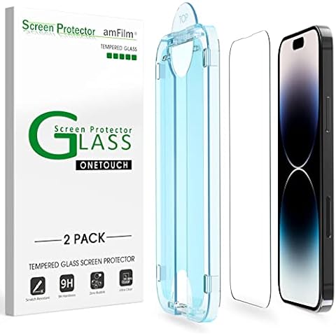 amFilm OneTouch Designed for iPhone 14 Pro Max 6.7'' Glass Screen Protector, [2 Pack] Easiest to Install, Bubble Free, Full Coverage, Case Friendly Cover