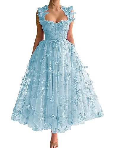 Robe de soirée tulle papillon 3D bleu clair en broderie dentelle taille 38
