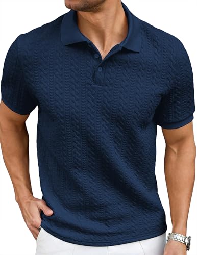 Image of JMIERR Men's Cable Knit Polo Shirts Elasticity Short Sleeve | Men's cable knit polo shirt with elasticity, machine wash, short sleeve, breathable textured knit for spring summer