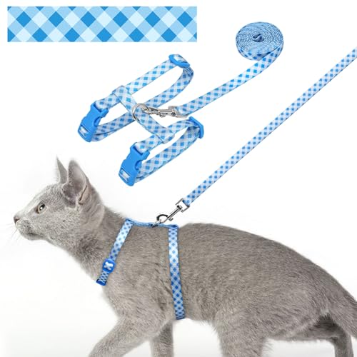azuza Cat Harness and Leash Set for Safe Walking and Travel, Escape Proof Cat Harness, Lightweight Soft and Comfortable, Adjustable Kitten Harness for Small Medium Large Cats, Blue Plaid