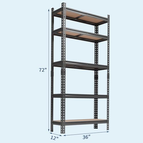 Image of 5-Tier Heavy Duty Adjustable Metal Storage Unit, 72 inch h x 35.5 inch w x 12 inch d, for Garage, Basement, Warehouse, Pantry, Closet, Kitchen, Black