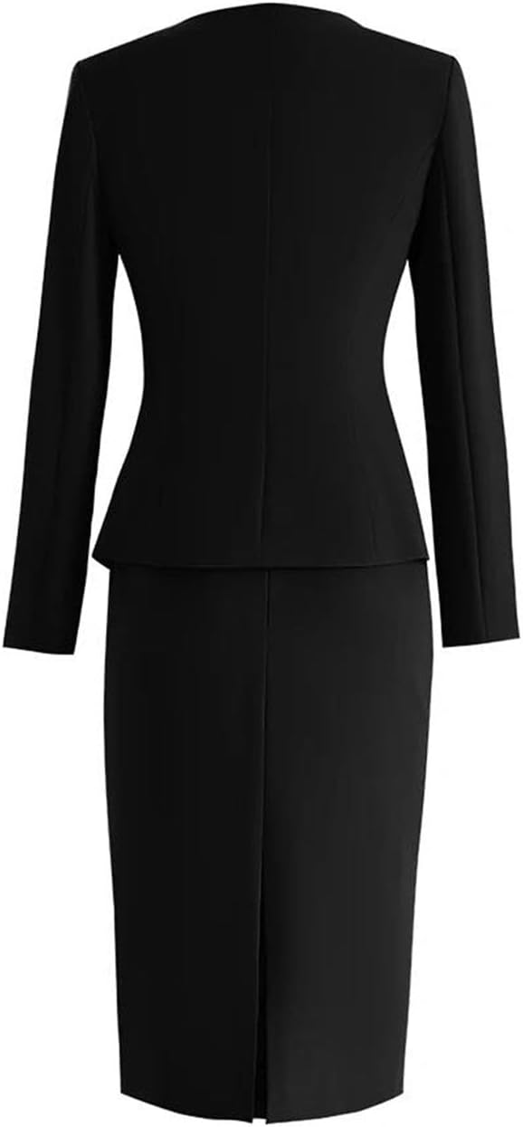 Women's O Neck Shirt Full Sleeve Triple Breasted Coat and Above Knee Sheath Skirt Two Piece Suit Professional Workwear