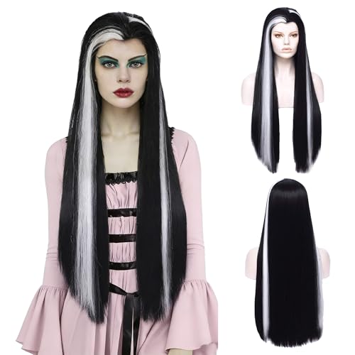 MORTICIA Long Straight Black and White Mixed Widow Peak Design Women Costume Wig