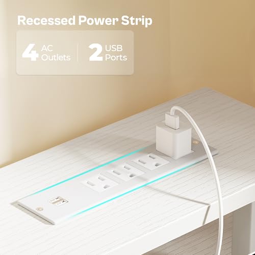 Image of Huuger 55 inch Computer Desk with 4 Drawers, Gaming Desk with LED Lights & Power Outlets, Home Office Desk with Large Storage Space for Bedroom, Work from Home, White