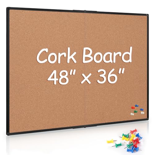 Board2by Cork Board Bulletin Board 36 x 48, Foldable Notice Pin Board for Wall, Black Aluminum Framed 4x3 Corkboard, Large Wall Mounted Office Board with 36 Push Pins for School & Home