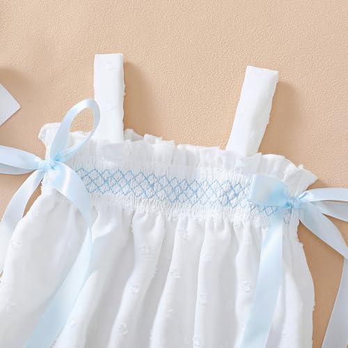 Honganda Newborn Baby Girl Summer Outfit Bow Ruffle Decor Smocked Bubble Romper Infant Baby Shower Gifts4