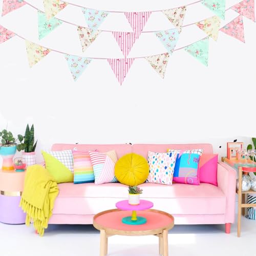 Image of Zwiebeco 32Ft Pink Blue White Floral Fabric Bunting Triangle Flags Cotton Flower Pennant Banner Decoration for Birthday Wedding Engagement Baby Shower Tea Party Spring Rustic Village Home Garden Decor