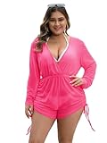 seamoly Women‘s Sheer Beach Cover Ups Plus Bathing Suit One Piece Sexy Sheer Deep V Neck Cover Up Romper Hot Pink,XXL