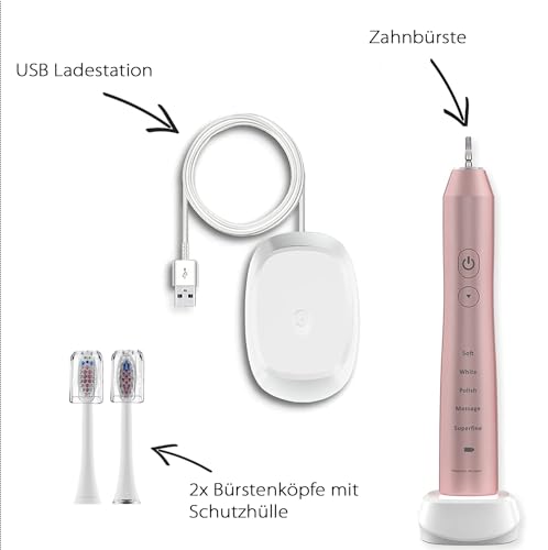 Tristan Auron Schallzahnbürste – Sanfte elektrische Zahnbürste mit 5 Modi & 2 Aufsätzen – 60 Tage Akku – für empfindliche Zähne – kompakt, leicht & wasserfest (Pink) – Bild 7
