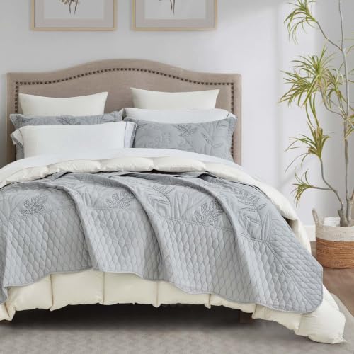 Image of Bedspread oversized Queen 102x118,Beautiful Leaf Stitching,5 PCGrey