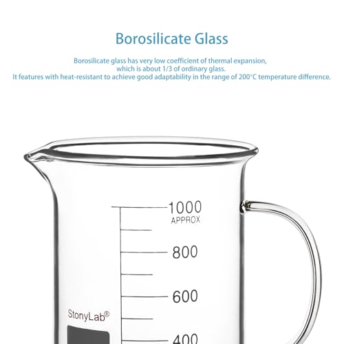 Image of stonylab Glass Beaker with Handle, Borosilicate Glass Graduated Low Form Griffin Beaker with Handle and Pouring Spout, 1000 ml