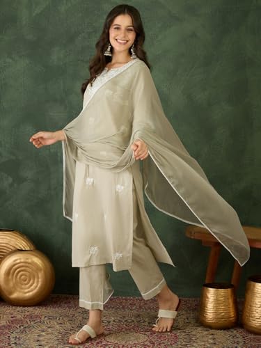 Image of Naixa Women's Cotton Blend Embroidered Straight Kurta with Pant And Dupatta Sets (NX-836)