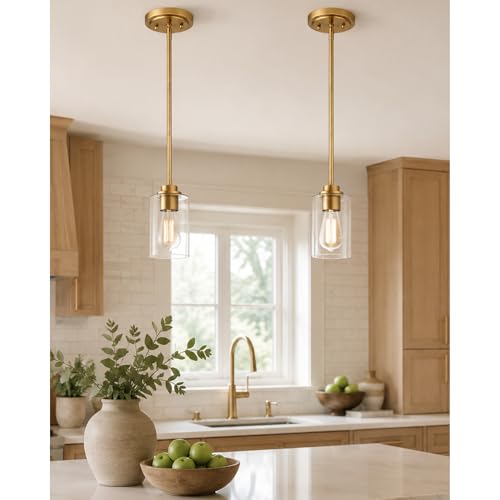 Image of Brass Pendant Lights Kitchen Island 2 Pack, Farmhouse Gold Pendant Lighting with Clear Glass Shade, Mini Hanging Light Fixture for Kitchen Sink Dining, AD-22281-1P2-GD-C
