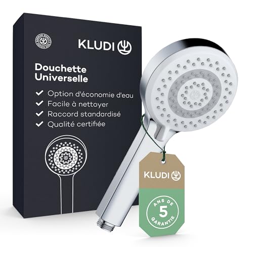 KLUDI-X1 Douchette anti calcaire avec 3 types de jets, douchette économisant l'eau en option (standard 15l/m, option 9 l/min), douchette à main (Ø10,7 cm), chromé