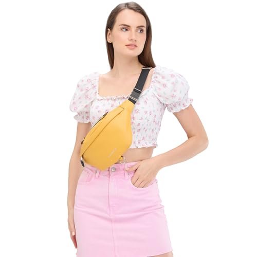 Image of Caprese Women's Fanny Pack Medium Stylish Polyester Waist Bag for Travel, Festivals, Hiking & Daily Use (Yellow)