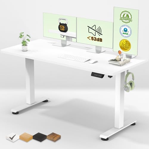 Veken 55 Inch Large Electric Standing Desk,Sit to Stand Up, Heights Adjustable, Work Home Office Computer Table for Study, Walking Pad, Writing, and Games, Wooden Desktop Desks, White