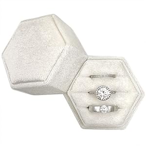 Hexagon Ring Box 3 Slots Velvet Premium Wedding Ring Bearer Box Handmade Vintage Three Rings Holder for Proposal Engagement Ceremony Christmas Photography Ivory