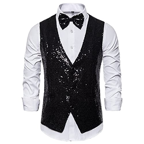 Elicafvarie Herren Western Weste - Männer Glänzende Pailletten Westen Silber Glitzer Weste Männer Party Weste Fliege Hochzeit Nachtclub Dj Bühne Männer Gilet Anzug Weste, Stil A, XXL Cover