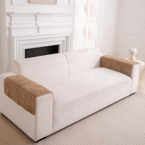 Image of HOMETHREADS 600GSM Thick & Soft Rabbit Fur Plush Sofa Cover-Luxurious Cozy Slipcover, Washable & Pet-Friendly, Anti-Scratch Protector for Sofas (Faux Linning Brown, 2Pc Armrest | 70x50cm)