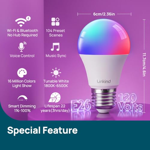 Image of Linkind WiFi Smart Light Bulbs, Alexa & Google Home Compatible, RGBTW 16M Color Changing, Dimmable Mood Lighting, A19 E26 WiFi Bulb 60W 800LM 8 Pack