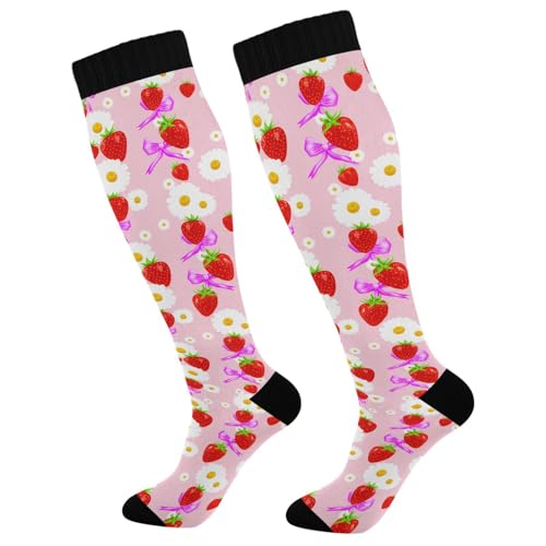 Wassud Strawberries with Flowers Compression Socks for Women and Men 20-30 mmHg Knee High Socks for Nurses Travel Socks 2 Pair