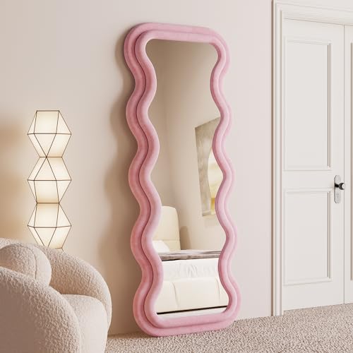 BOJOY Full Length Wavy Mirror, 63x24, Arched Floor & Wall Mirror - Standing, Hanging or Leaning - Flannel Wrapped Wooden Frame - Pink