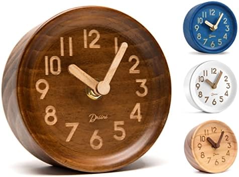 Driini Wooden Analog Desktop Clock – 4.3 in. Decorative Pinewood Clock, No-Tick Design – Easy to Read Silent Sweep Mantle Clock – Quiet Tabletop Clocks with Wood Body, Hands, & Battery Cover; Dark