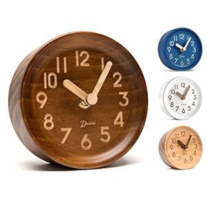 Driini Wooden Analog Desktop Clock – 4.3 in. Decorative Pinewood, No-Tick Design – Easy to Read Silent Sweep Mantle Clock – Quiet Tabletop Clocks with Wood Body, Hands, & Battery Cover; Dark