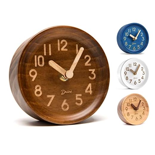 Driini Wooden Analog Desktop Clock – 4.3 in. Decorative Pinewood Clock, No-Tick Design – Easy to Read Silent Sweep Mantle Clock – Quiet Tabletop Clocks with Wood Body, Hands, & Battery Cover; Dark