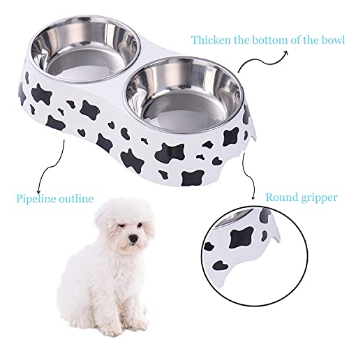 Image of Pet Double Bowl Stainless Steel-Cow Type Pet Elevated Feeder Bowl for Dogs Cats (M (10 * 4.8 * 1.6 in))