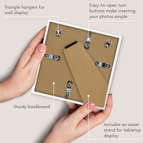 Americanflat 6x6 Picture Frame with Shatter-Resistant Glass - Streamline Collection - Thin Border Square Frame for Tabletop and Wall Display - Hanging Hardware and Easel Stand Included - White