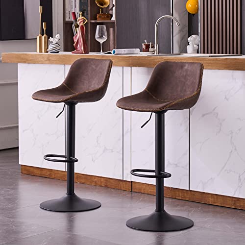 Kidol & Shellder Bar Stools Set Of 2 Brown Adjustable Swivel Barstools Vintage Bar Chairs Pu Padded Counter Stools,3 Mins Quick Assembly,Loads Up To 300Lbs #TOP13