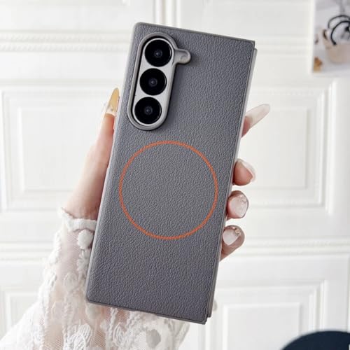 Coque Galaxy Z Fold 7 en cuir synthétique gris et rabat luxe