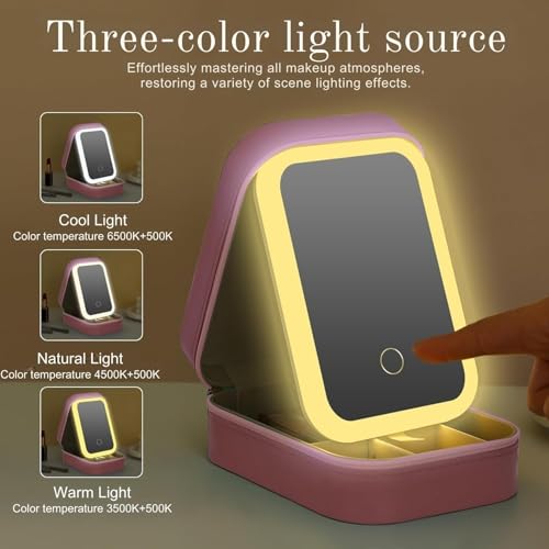 Image of APOPHIS Small Travel LED Makeup Mirror Case with 3 Adjustable Color Light Settings, Dust-Proof Jewelry Box, Mini Cosmetic Train Case Ideal for Short Trips, White, Cosmetic Bag with Led Mirror (Pink)