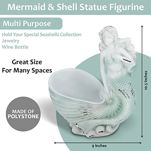 Mermaid Shell Figurine Coastal Decorative Accent Home Decor Distressed Whitewash 10 1/2 Inches Tall (Aqua Blue) #TOP1