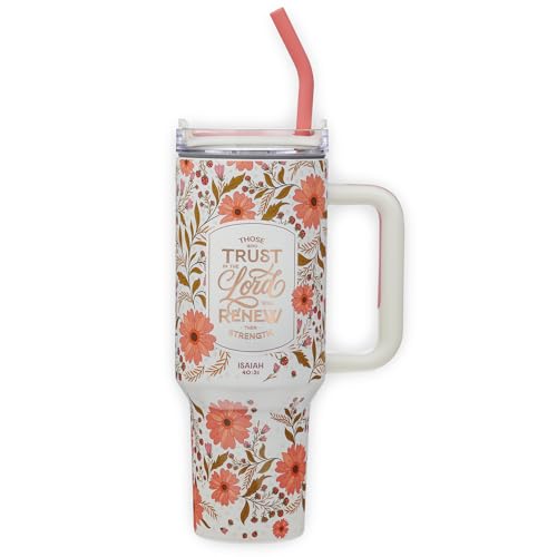 Image of Christian Art Gifts 40 oz Tumbler for Women: Trust in the Lord Bible Verse, Stainless Steel, Insulated Travel Mug with Lid, Reusable Straw & Flex Tip, White & Pink Floral, Encouraging Gift for Women