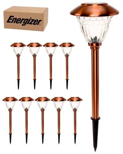 Energizer Led Solar Pathway Lights - 10 Pack Of [Copper] Outdoor Solar Lights - Ip65 Waterproof W/Auto On/Off - Patterned Glass And Metal Construction Coated In Copper #TOP12