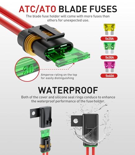 FASTSTORM 5 Pack Heavy Duty 4 Pin Waterproof Relay Switch 12V 12&16 AWG with 5x20A/30A/40A ATC/ATO Blade Fuse Holder Inline Fuse for Marine Automotive Vehicle
