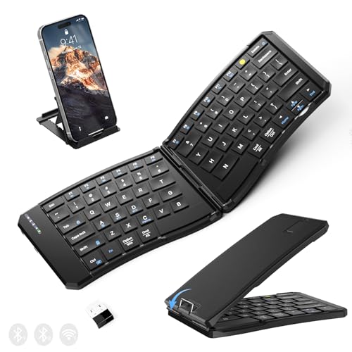 Ergonomic Foldable Keyboard, Portable Folding Travel Bluetooth Keyboard for Business and Travel, 3 Devices Dual-Mode(2.4G+BTx2) Ultra Slim Wireless Keyboards for Windows, iOS, Android, Use on the Leg