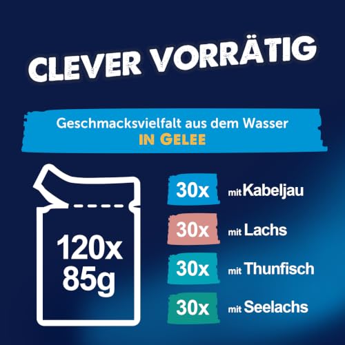 FELIX So gut wie es aussieht Nassfutter für Katzen Geschmacksvielfalt aus dem Wasser Vorteilspack, 120 praktische Portionsbeutel, zarte Stückchen in Gelee, 4 leckere Sorten, 100% vollständige
