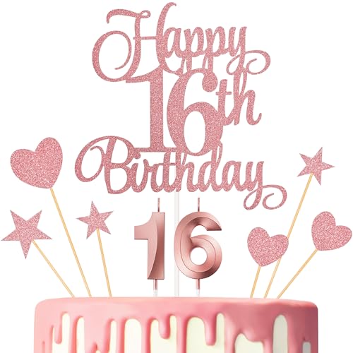 16th Birthday Cake Decorations, 16th Birthday Candles Cake Numeral Candles and Glitter Happy 16th Birthday Cake Toppers Set for Birthday Party Supplies (Rose Gold)