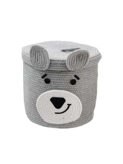Image of Aroma Brand Kids Lid Basket with Beautiful Characters - Rope Storage Basket for Baby Diaper, Stuffed Animal Storage Bin Rope Basket for Kids Toy, Baby Laundry Baskets with Lid (Grey Dog)