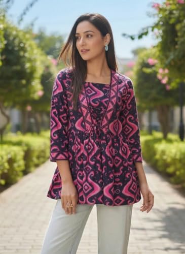 Image of NAINVISH Women's Blue Floral Printed A-line Square Neck Top (SD669 T)