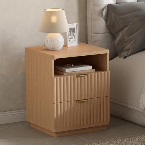 Night Stand Set 2, Nightstand with Charging Station Bedside Table, Morden Fluted Bed Side End Table with 2 Drawers, Wood Small Nightstand for Bedroom Living Room (1, Oak Natural) - Image 3